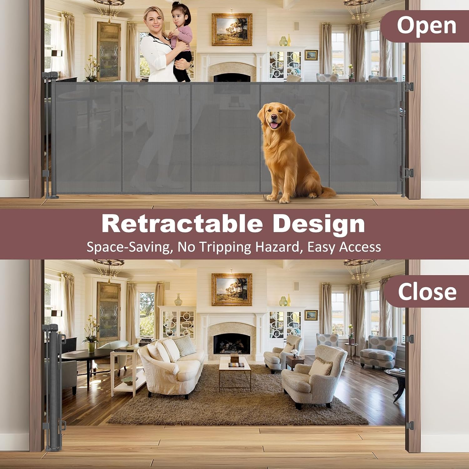 Detalle de 41" Extra Tall Retractable Pet Gate, Up to 100" Wide, Gray