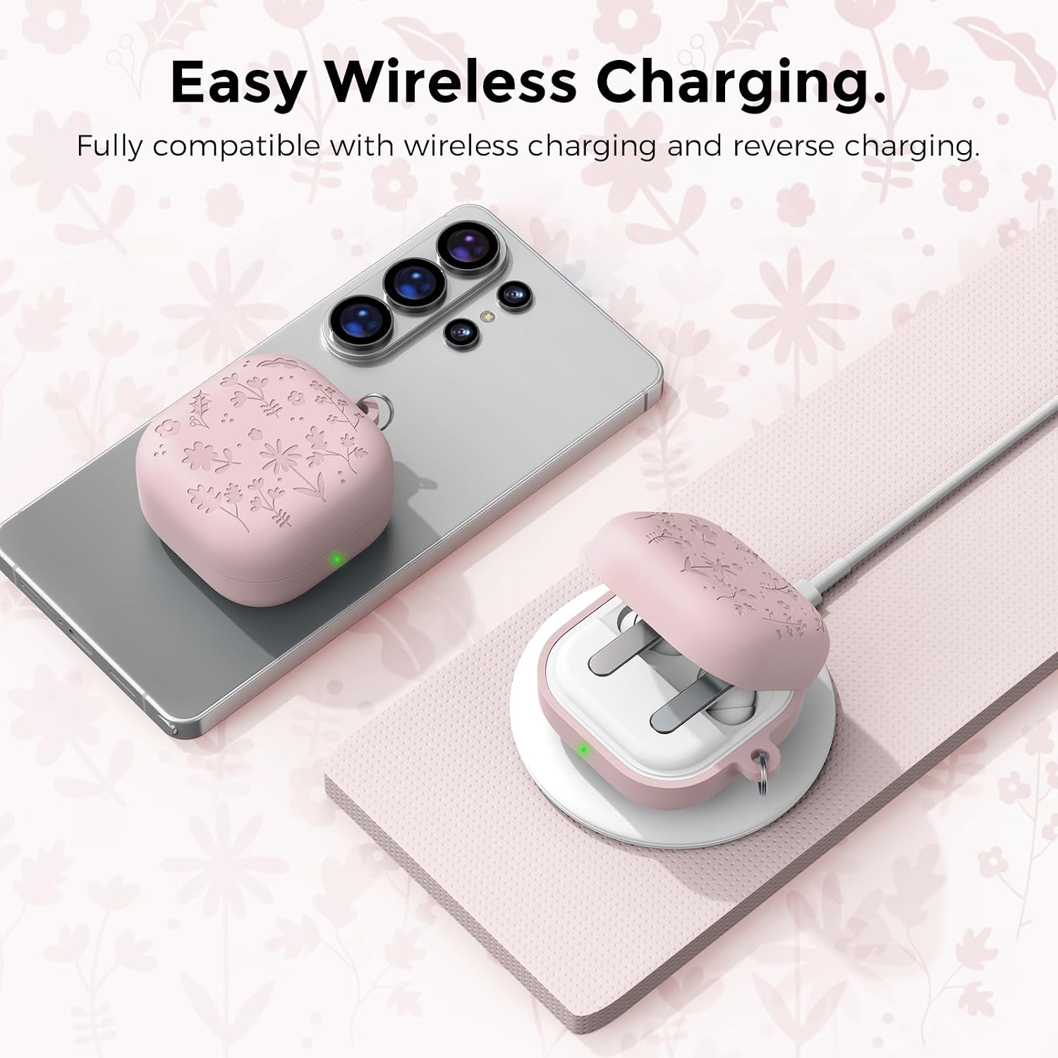 Detalle 2 de AhaStyle Flower Engraved Silicone Case for Samsung Galaxy Buds4 Series (2026) – Cute, Protective Cover with Carabiner