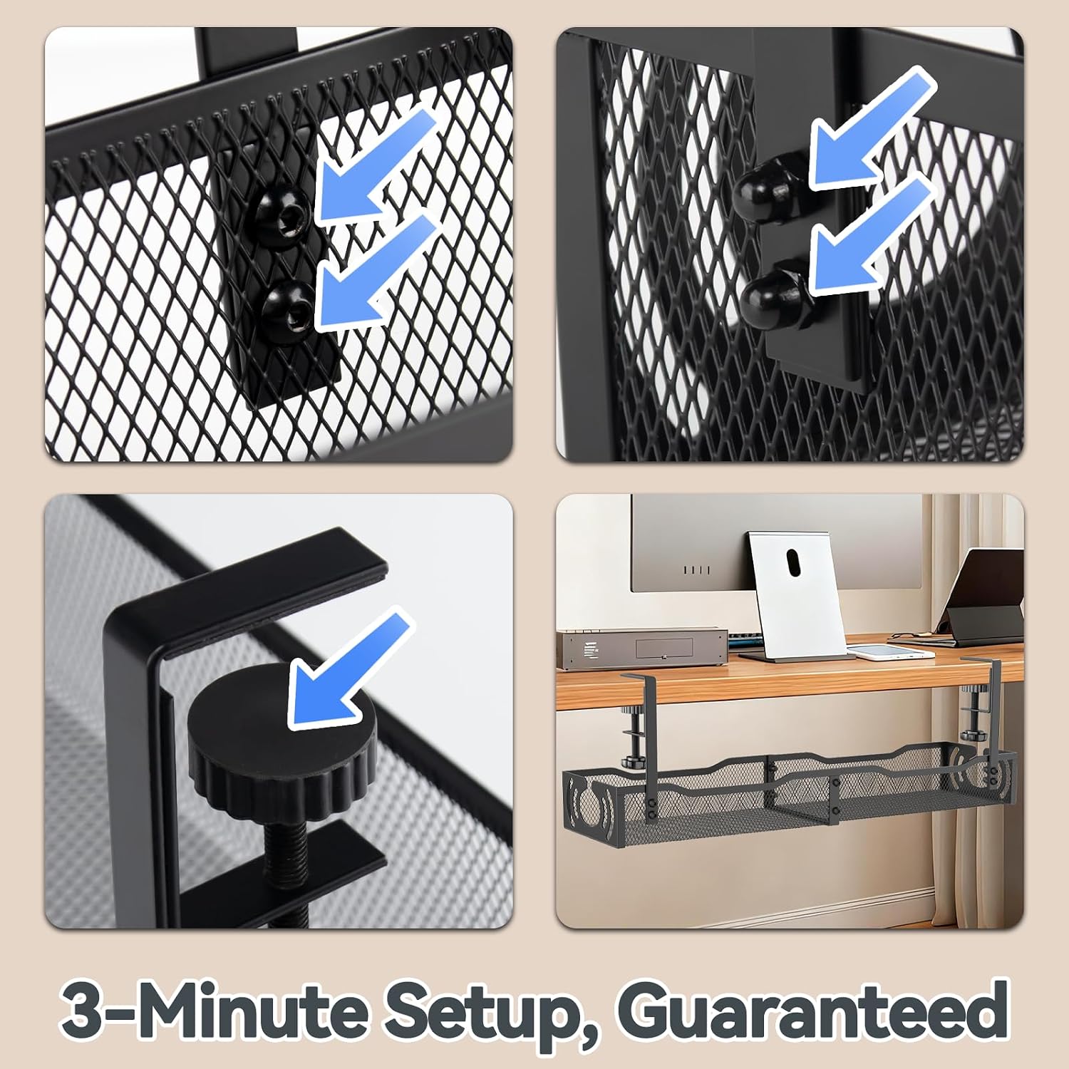 Detalle de Cable Management 25.3'' Under Desk Tray — No Drill, Metal Cord Organizer with Clamp
