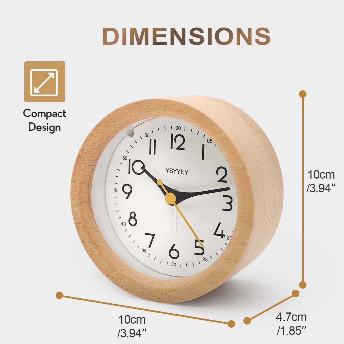 Detalle 2 de YeyYey Wooden Alarm Clock Silent Analogue – Natural Wood Bedside Clock with Snooze