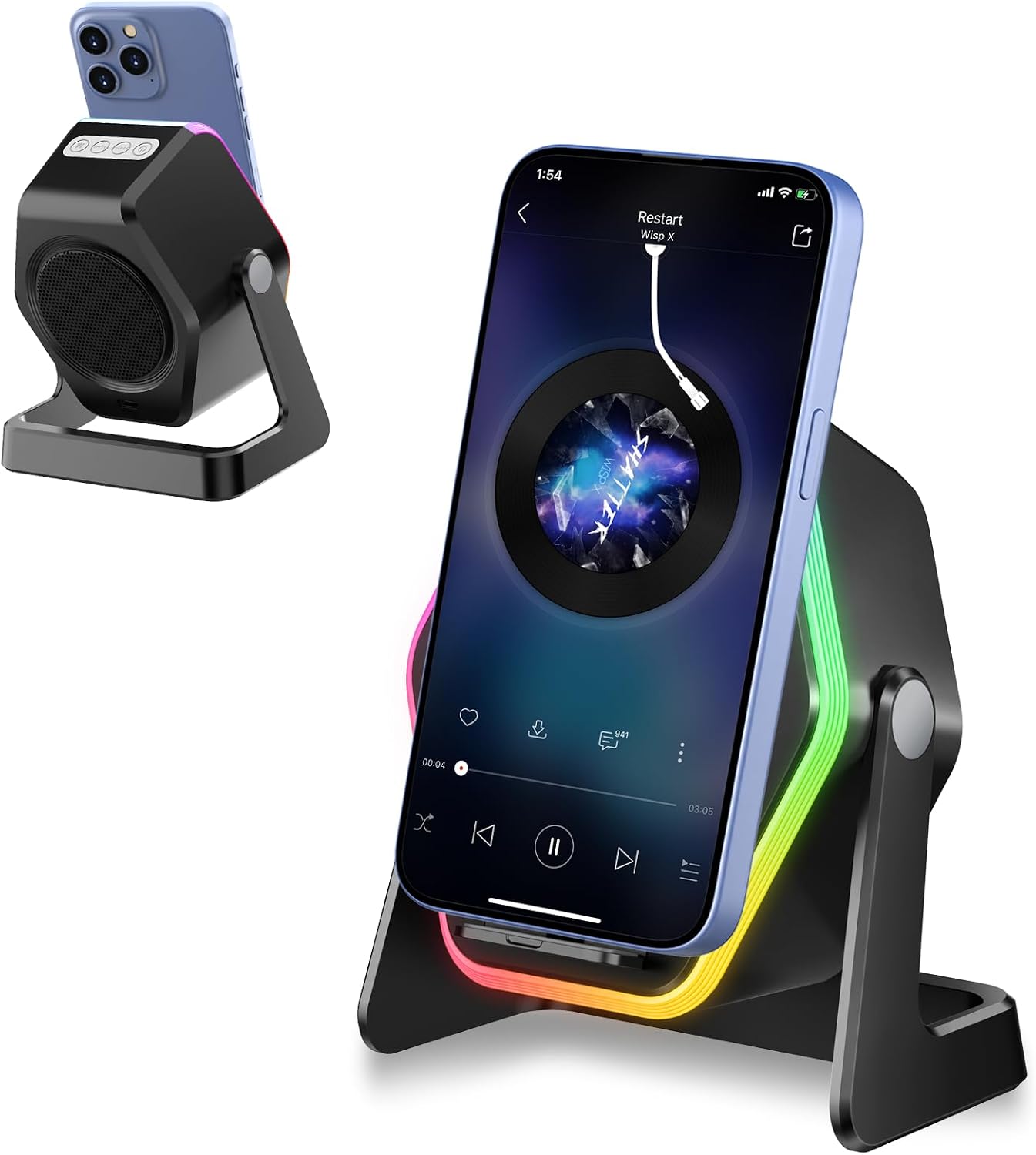 Detalle de Hupoaf Wireless Induction Speaker: 5in1 Phone Speaker Amplifier with Stereo Sound and RGB Light