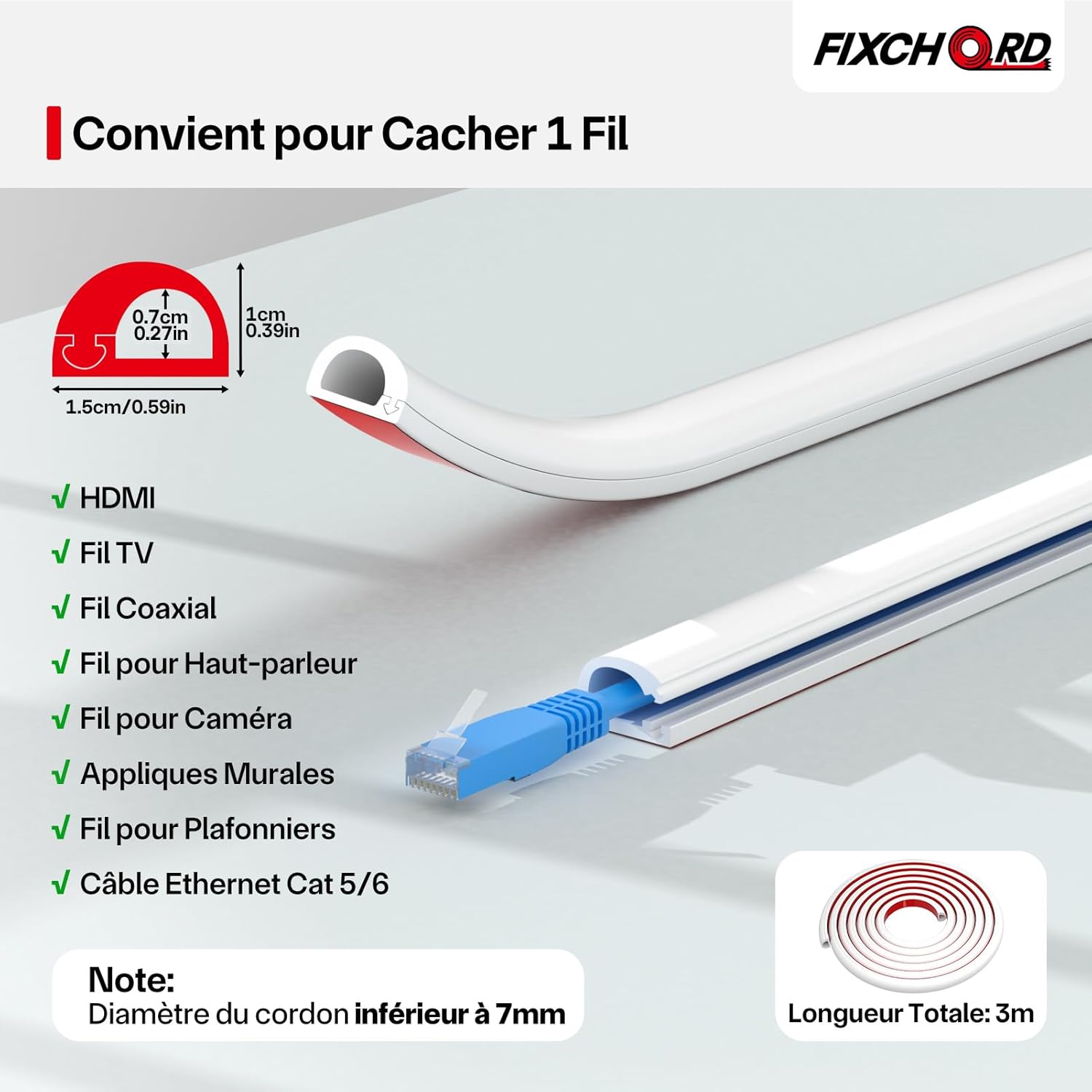 Thumbnail 1 de FIXCHORD Goulotte autocollante électrique 15 mm x 10 mm, peignable (blanc) – longueur 3 m