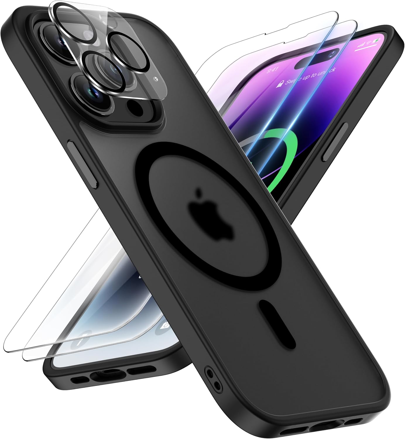 Detalle de ORETECH Hülle für iPhone 14 Pro Max (6,7 Zoll) mit Mag-Safe, stoßfester Rückseite & 2 Displayschutzfolien – Schwarz
