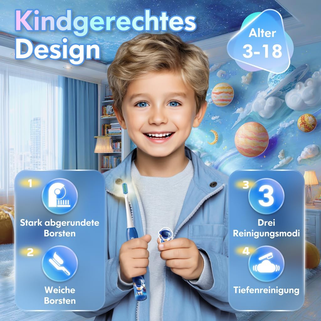 Detalle de DADA-TECH Kinder Zahnbürste Elektrisch ab 3–6–10–12 Jahre (Astronaut Blau) mit Timer, 3 Modi & Sticker-Set