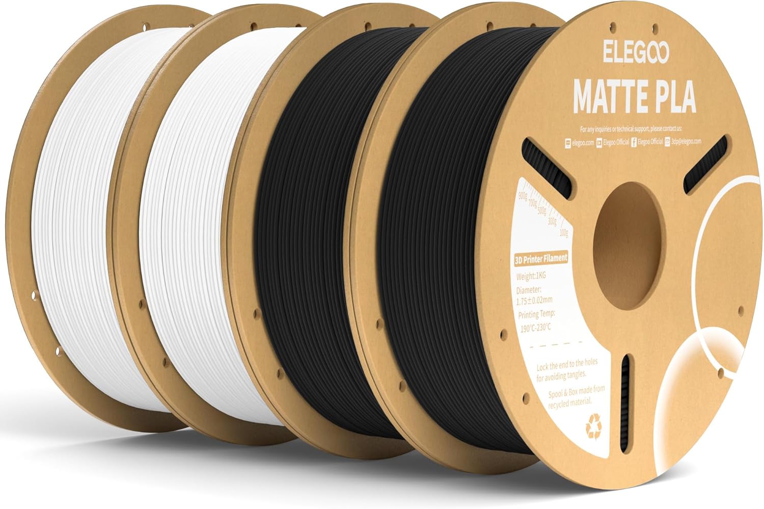 Detalle de ELEGOO Matte PLA Filament 4KG – Schwarz & Weiß, 1,75 mm, 4 Spulen zu je 1 kg