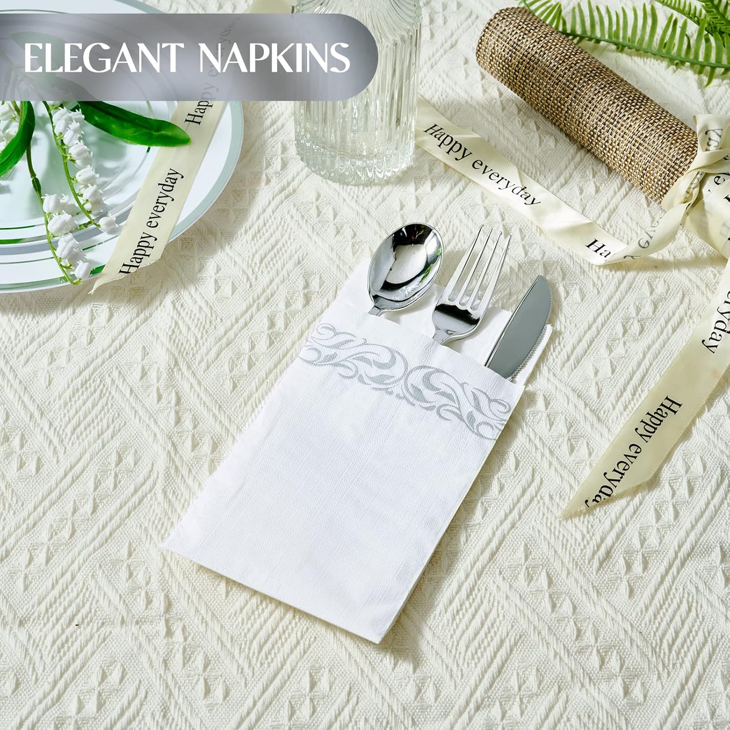 Thumbnail 4 de Vplus 400 Pack 3-Ply Disposable Dinner Napkins with Silver Trim