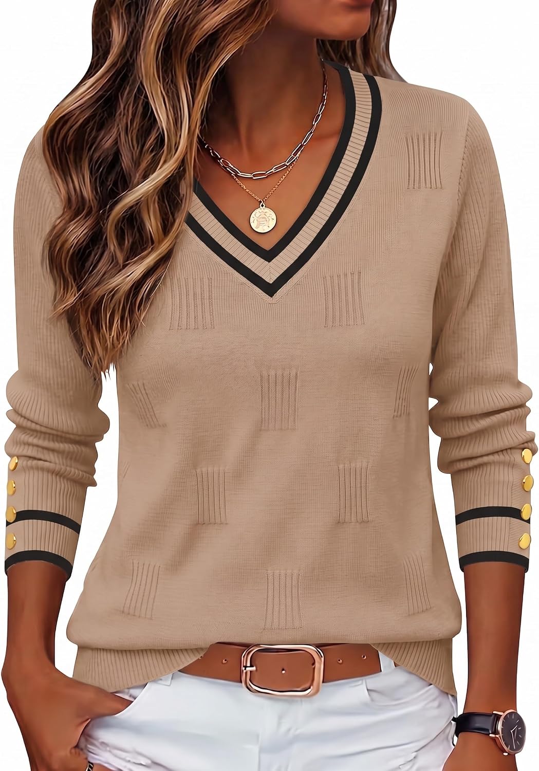 Detalle de Zeagoo V Neck Ribbed Knit Sweater Tops