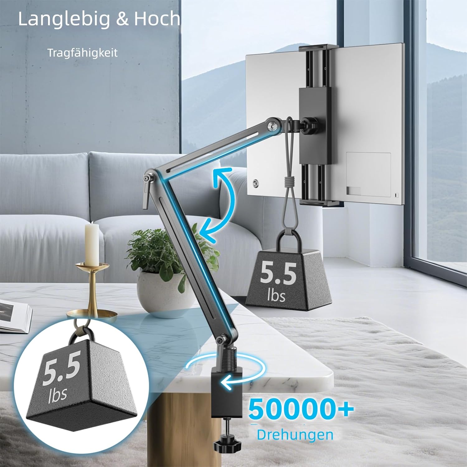 Detalle 2 de Feising Aluminium Tablet-Halterung mit Schwenkarm (360°) für iPad & Galaxy – bis 15,6 Zoll
