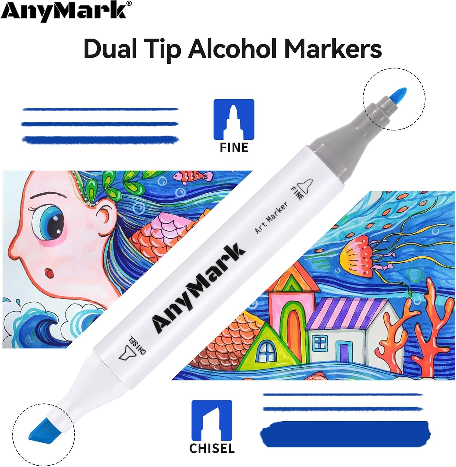 Detalle 2 de AnyMark – Set de 100 feutres à alcool double pointe biseautée et fine, corps blanc