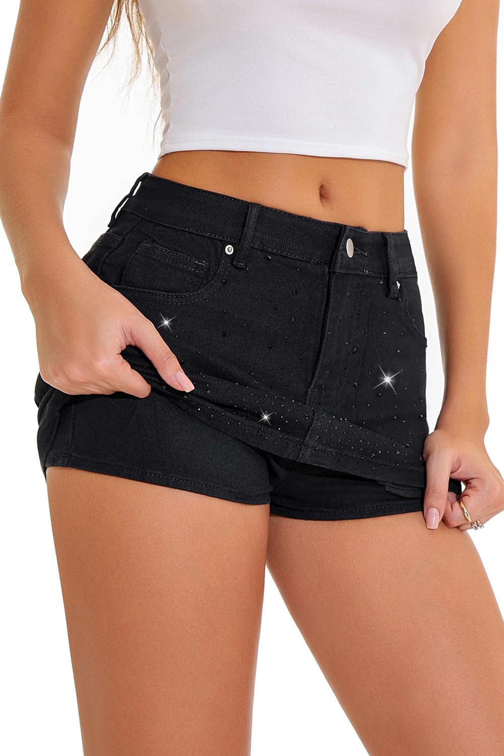 Detalle de GUANYY Rhinestone Denim Skort, Low-Waisted Micro Mini with Built-In Shorts