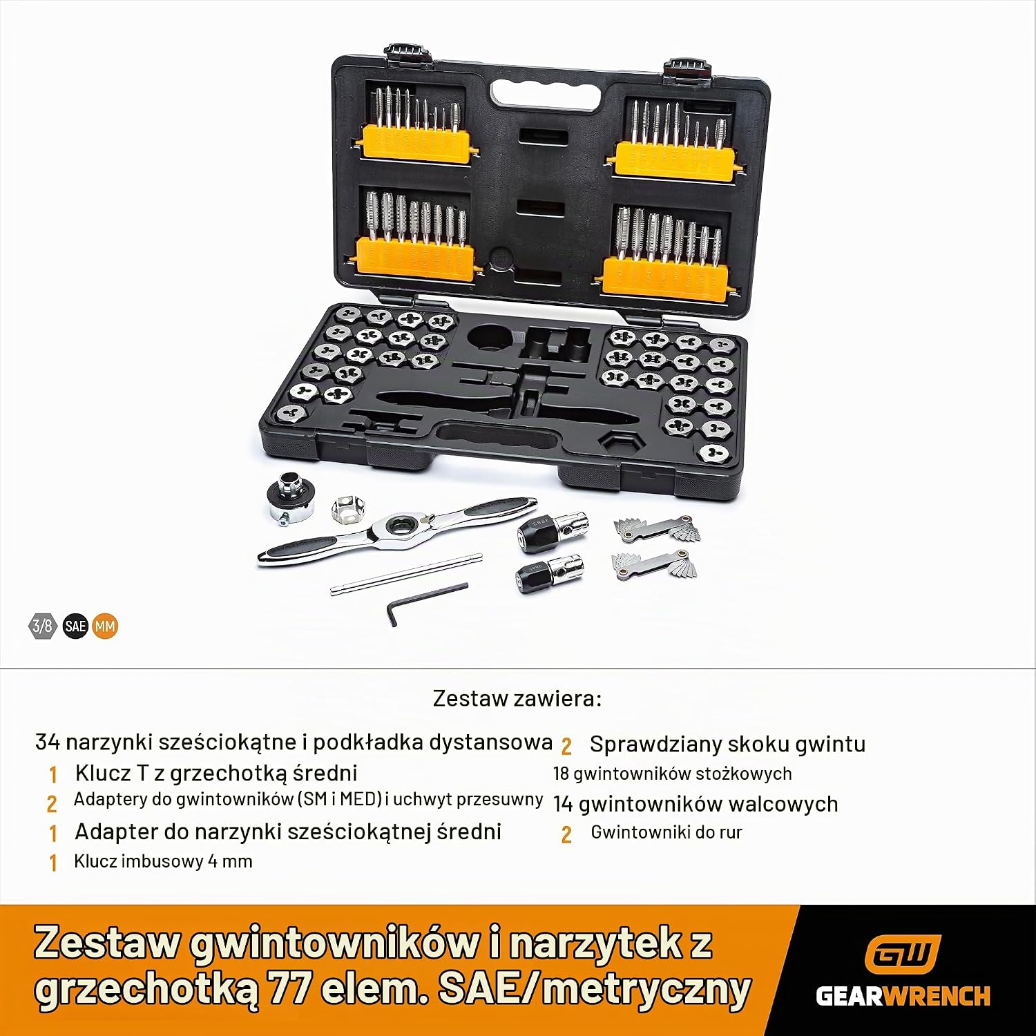 Detalle de GEARWRENCH 3887 – zestaw gwintowników i narzynek SAE/metryczny, stal węglowa