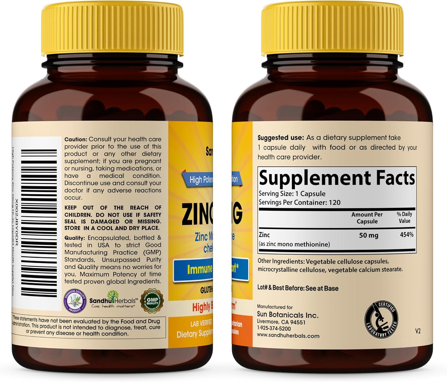 Detalle 2 de SANDHUHERBALS Zinc Monomethionine 50 mg Capsules, 120 Count