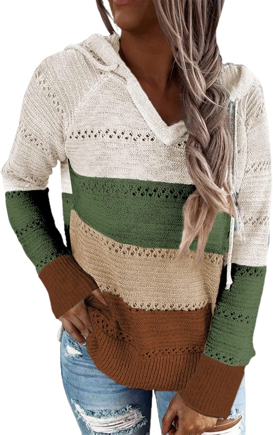 Detalle 2 de BLENCOT Women Color Block Crochet Hoodie sweater