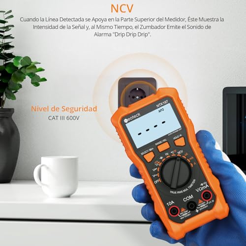 Detalle 2 de Neoteck Multímetro Digital 2000 Contadores con Pinza de Cocodrilo – Tester Eléctrico para CA/CC, NCV, Temperatura y Más