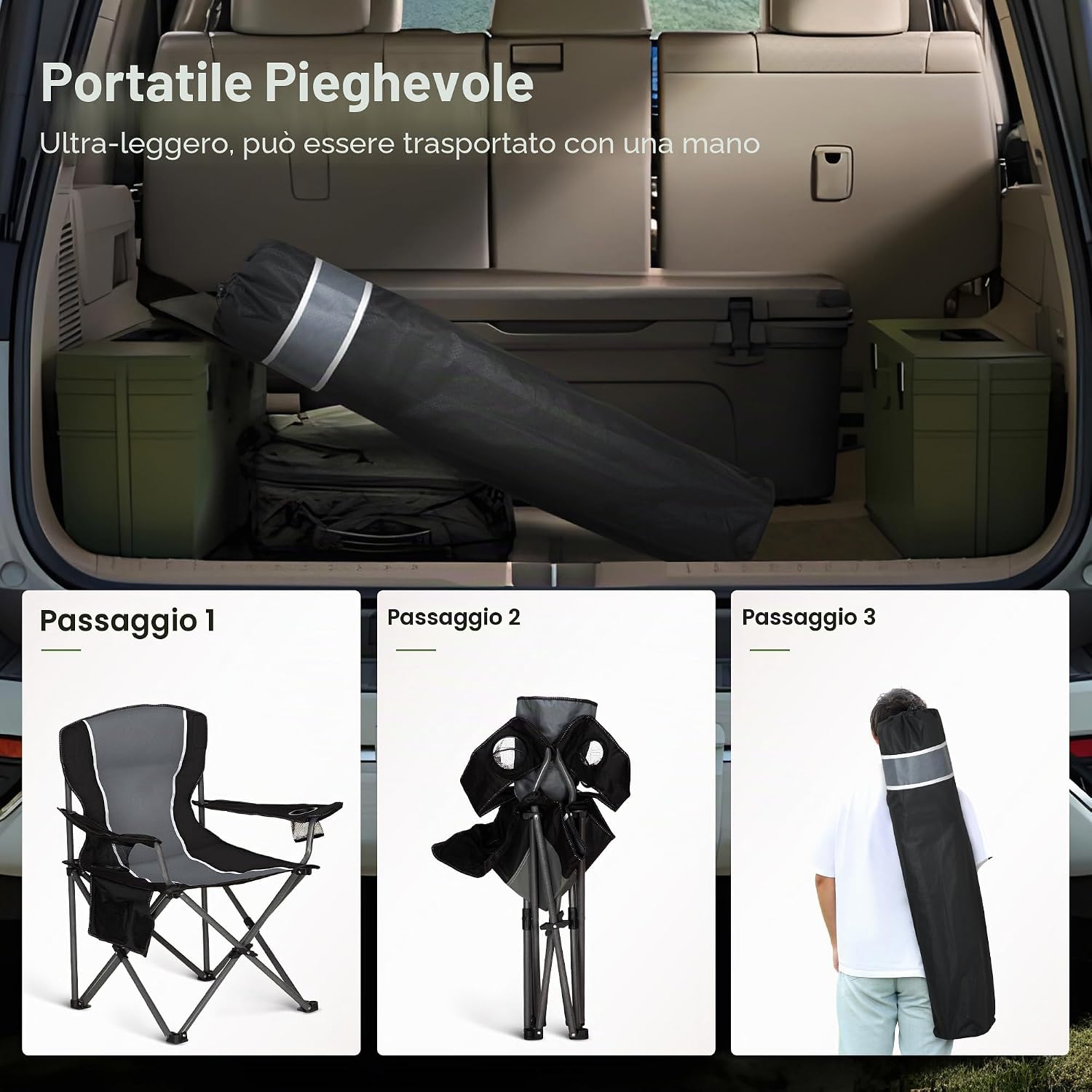 Thumbnail 6 de HIGH POINT SPORTS Sedia Pieghevole da Campeggio Nero-Grigio 160KG – 2 pezzi, seduta ampia e portabicchieri