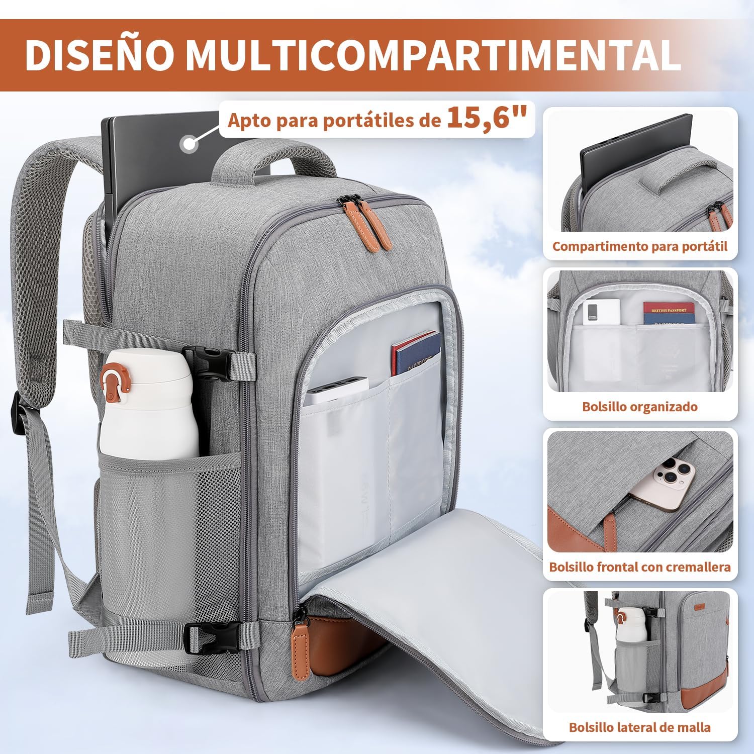 Thumbnail 4 de ZOMFELT Mochila de Cabina 24L 40x30x20 cm para Ryanair y Varios: 15,6" portátil, impermeable, gris