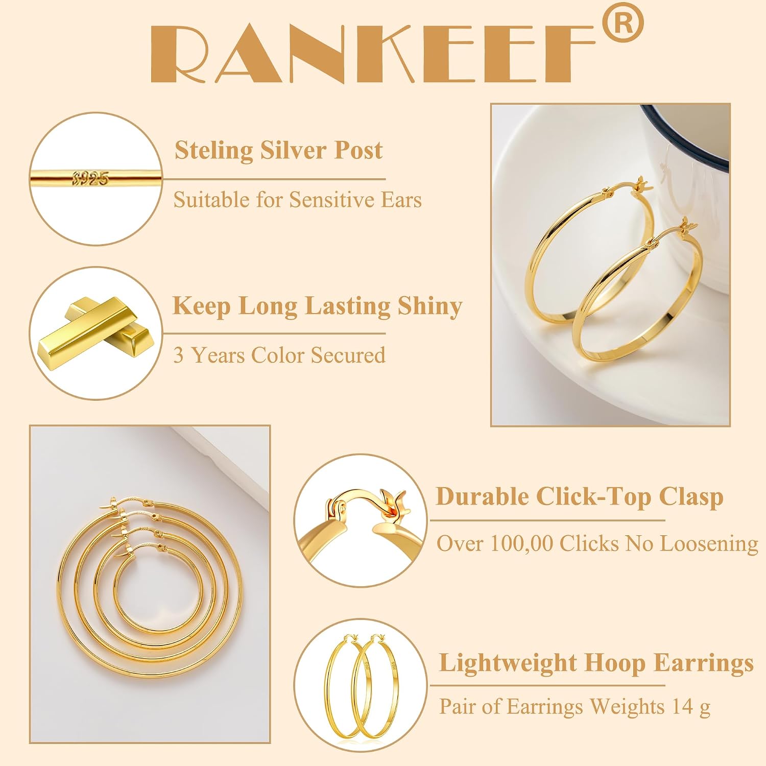 Thumbnail 2 de RANKEEF große Creolen aus 925 Silber mit 3 mm Breite, hypoallergen – 30/40/50/60 mm