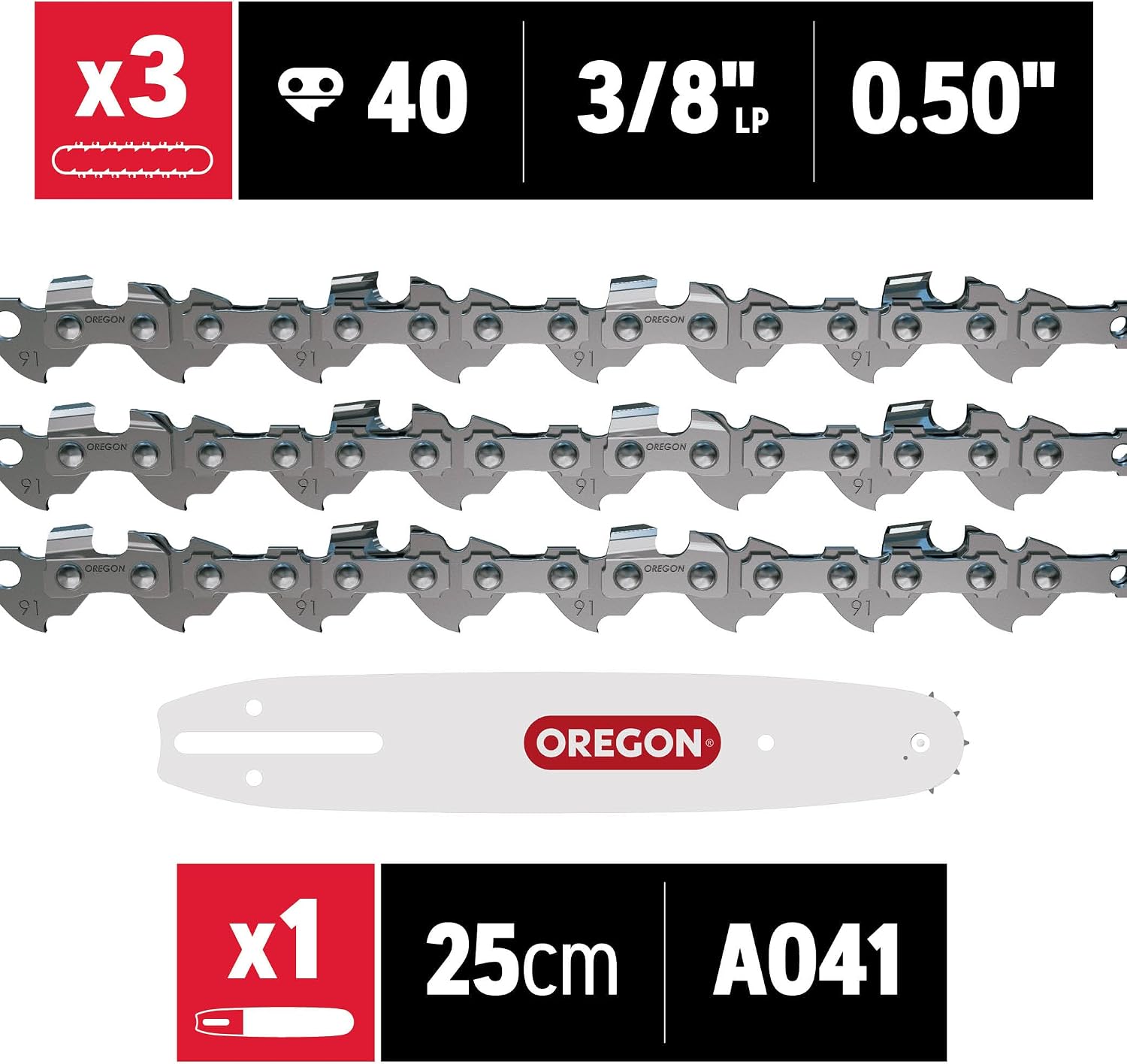 Detalle de Oregon Confezione da 3 Catene e Barra per Motosega Telescopica – 3/8" LP, 40 maglie, 25 cm