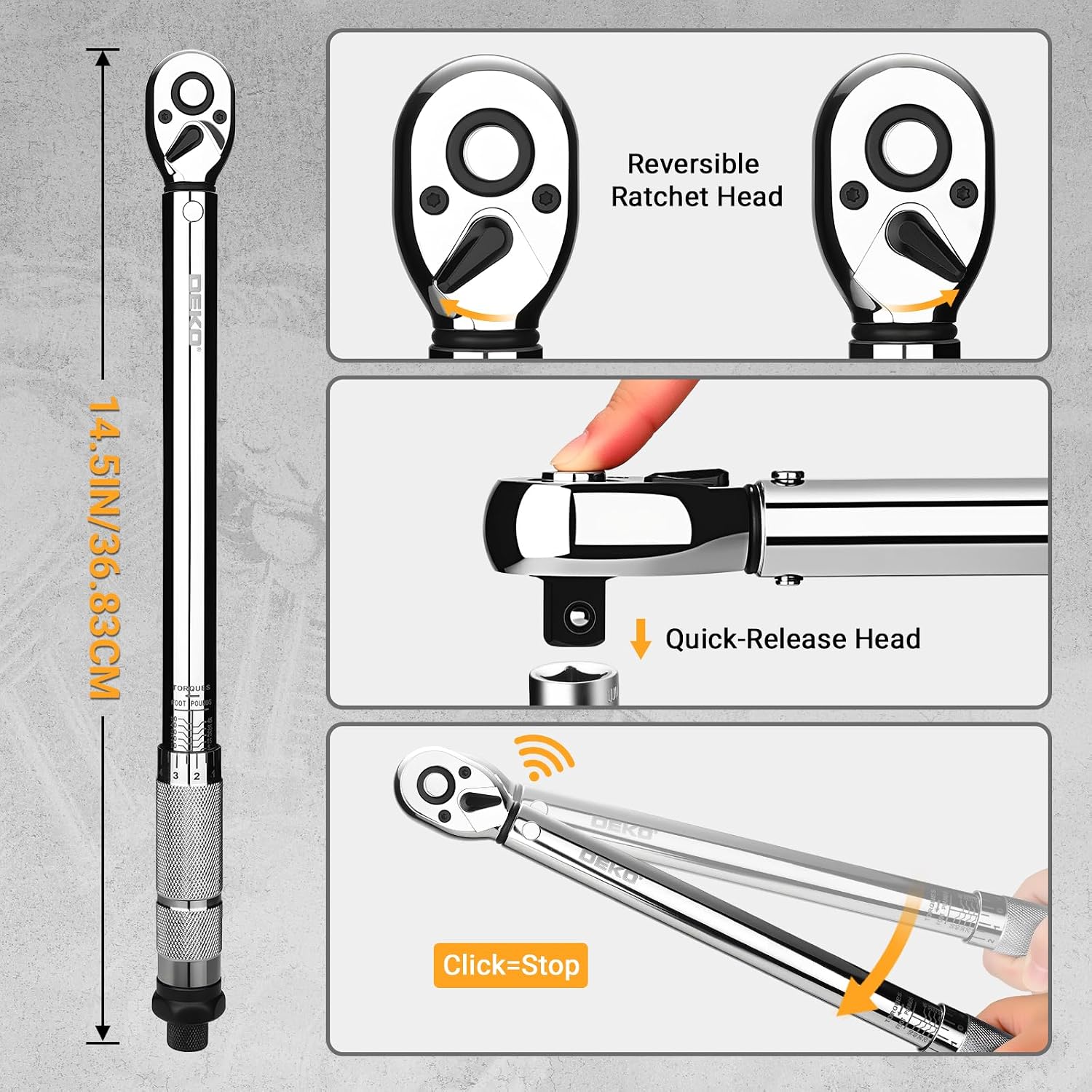 Detalle de DEKOPRO DKHWTW0002 momentsleutel 3/8, 6,8–67,8 Nm en 72 tanden