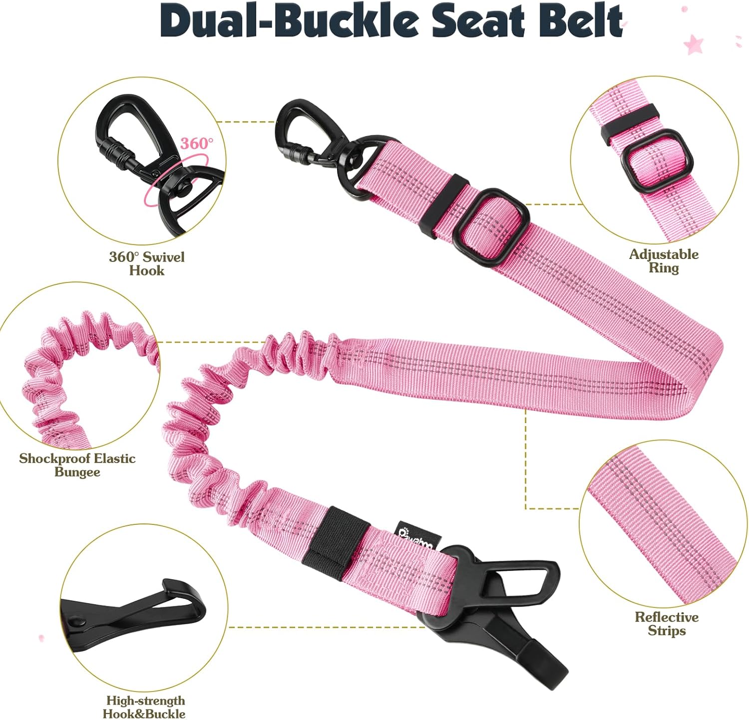 Thumbnail 2 de Pawaboo Dog Seat Belt Harness (Pink & Black) with Double Clips, Elastic Bungee and Adjustable Vest