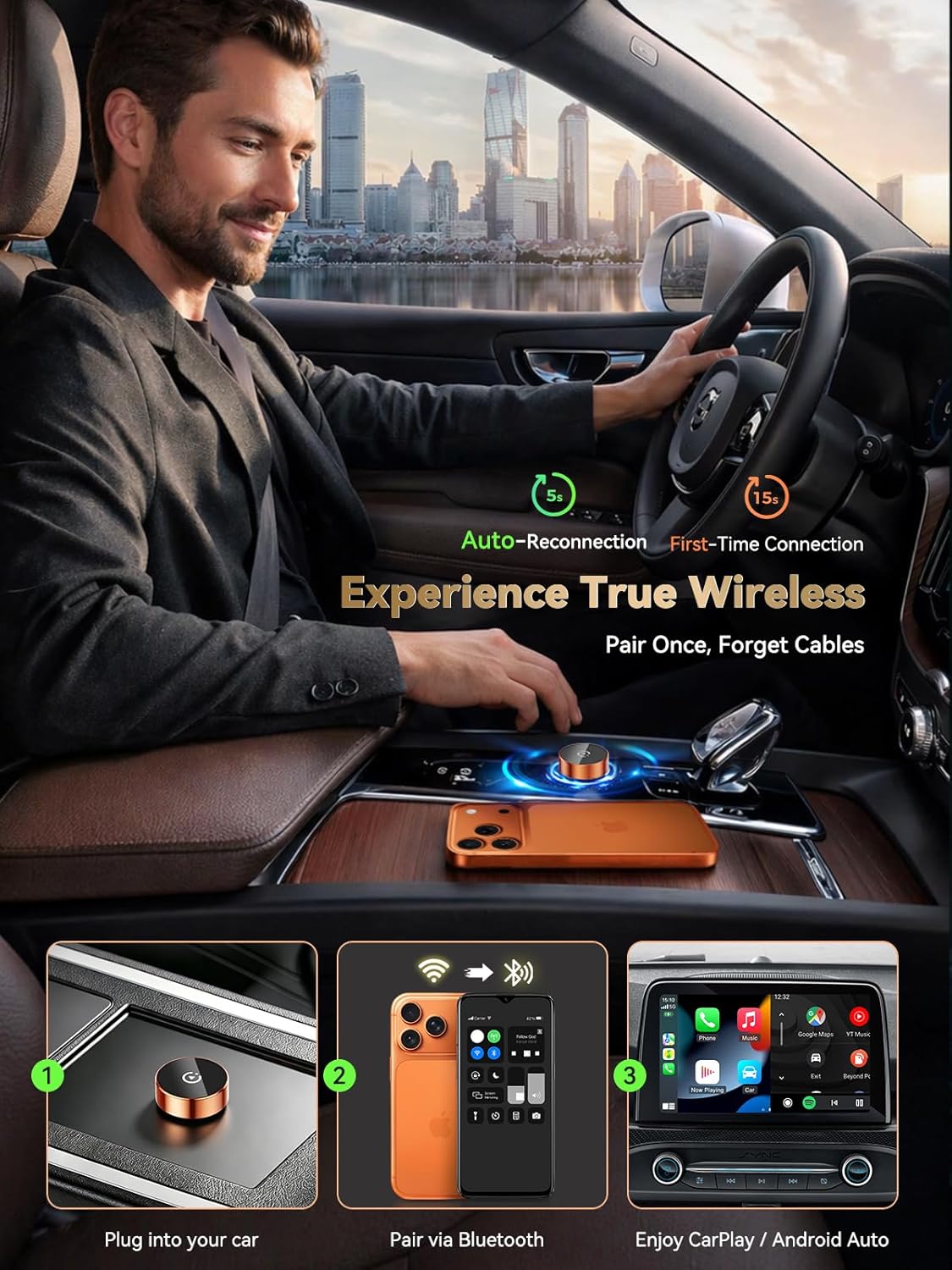 Detalle 2 de Spedal 2026 Adaptateur sans Fil 2-en-1 CarPlay & Android Auto – WiFi 6, faible latence, USB-C/ USB-A (Rond Orange)