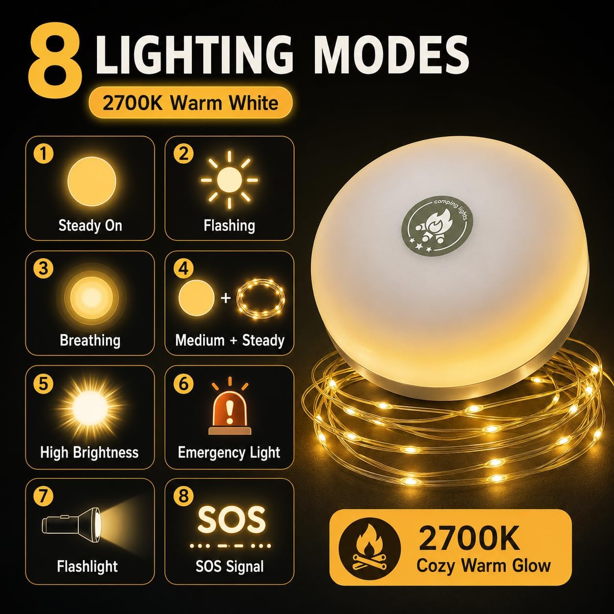 Thumbnail 5 de Meipall lyd-001 oprolbare campinglamp 4-in-1, lichtsnoer van 10 m en 8 standen
