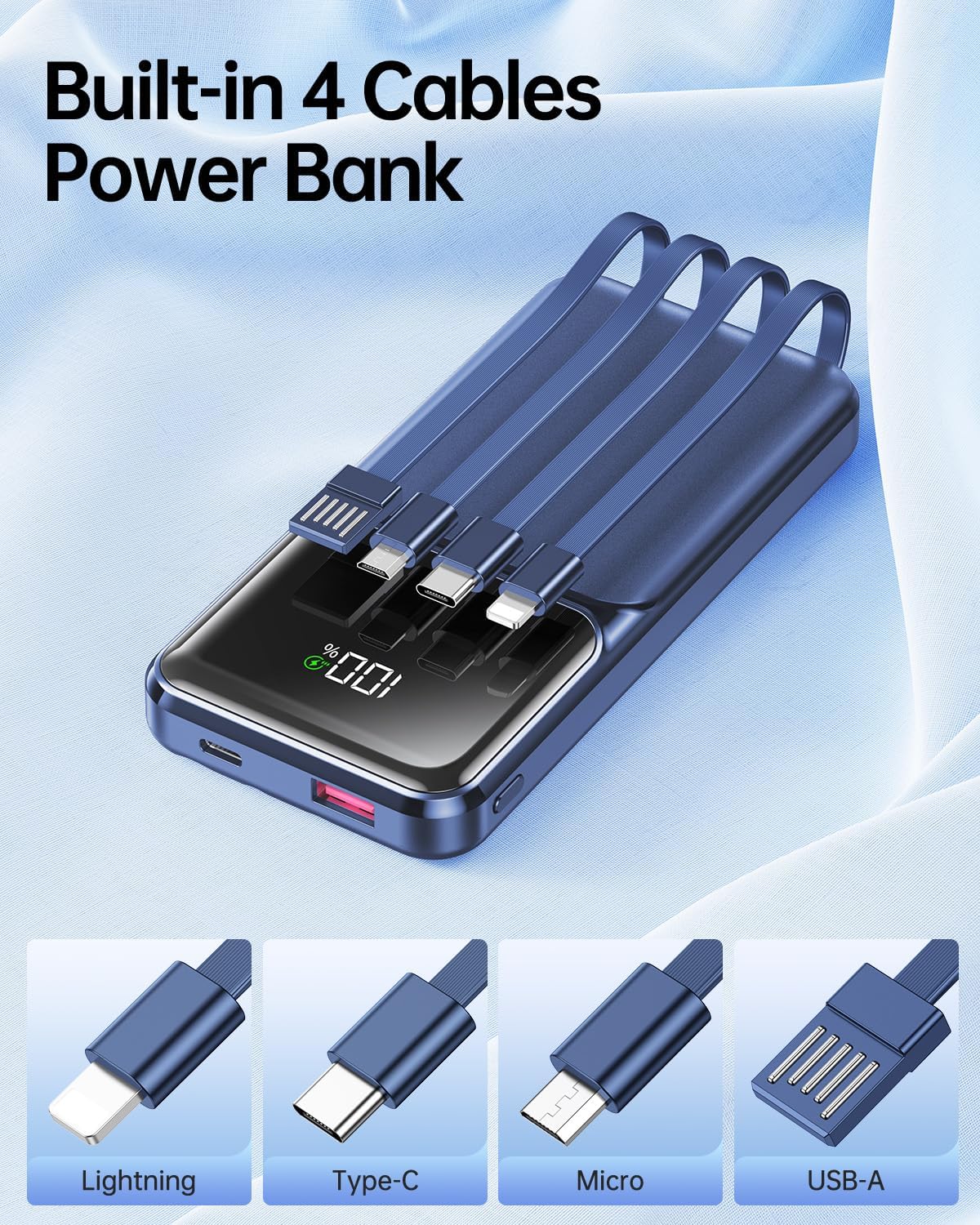 Detalle 2 de RONEGN PA100 20,000mAh Power Bank with Built-In Cables, 22.5W USB-C