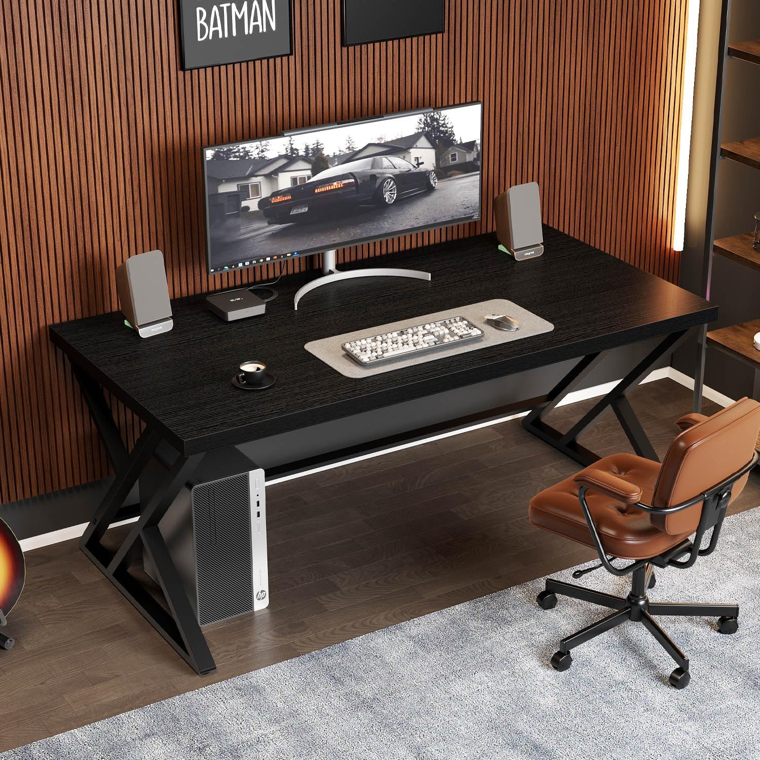 Detalle de LVB Scrivania lunga per computer – design industriale, 140 x 60 x 75,5 cm, nero
