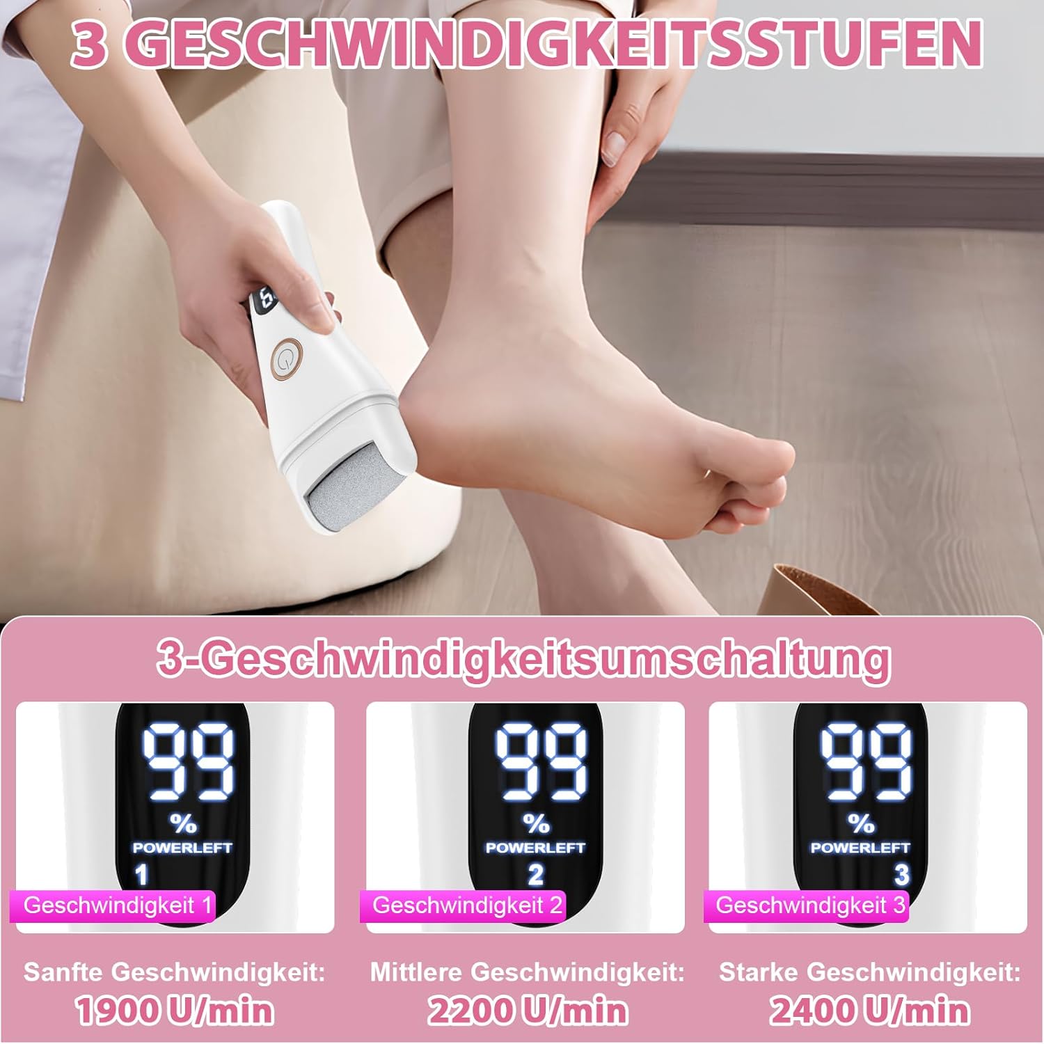 Detalle de Hornhautentferner Elektrisch von AOMEES – einstellbare Geschwindigkeiten, IPX7, 3 Rollenköpfe