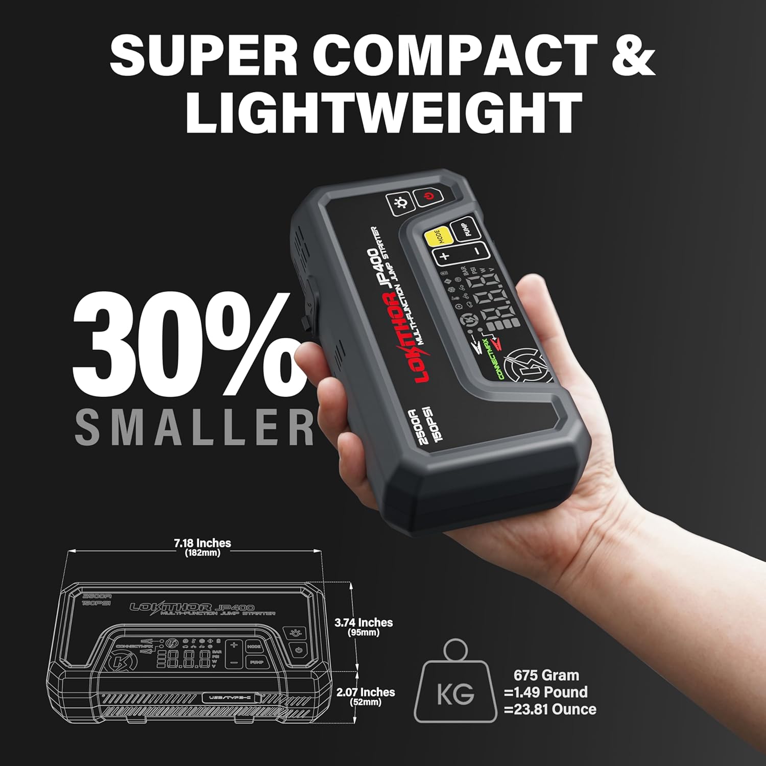 Detalle de LOKITHOR JP400 : Booster de Batterie 12V 2500A avec Compresseur d’Air 150 PSI et Lampe LED