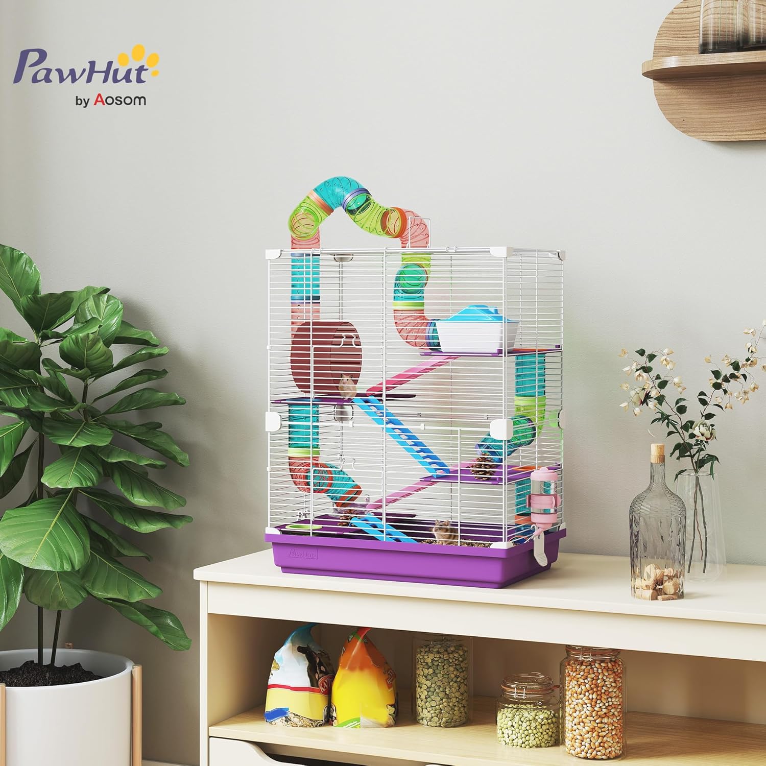 Detalle de PawHut – Cage pour hamster rongeur 4 étages avec tunnels, mangeoire, roue et échelles (46L x 30 x 58H cm)