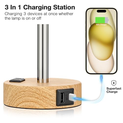 Detalle de Fenmzee Bedside Table Lamp with Dimmable Touch, USB A+C, and AC Outlet