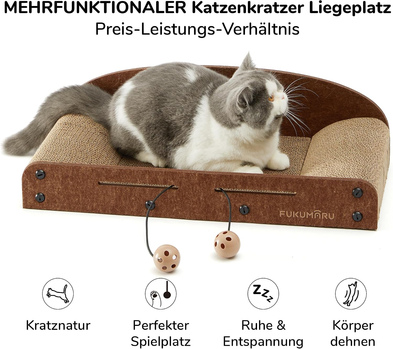 Detalle de FUKUMARU 53,3 cm Karton-Katzenkratzer mit Glockenball-Spielzeug – Kratzbett für Indoor