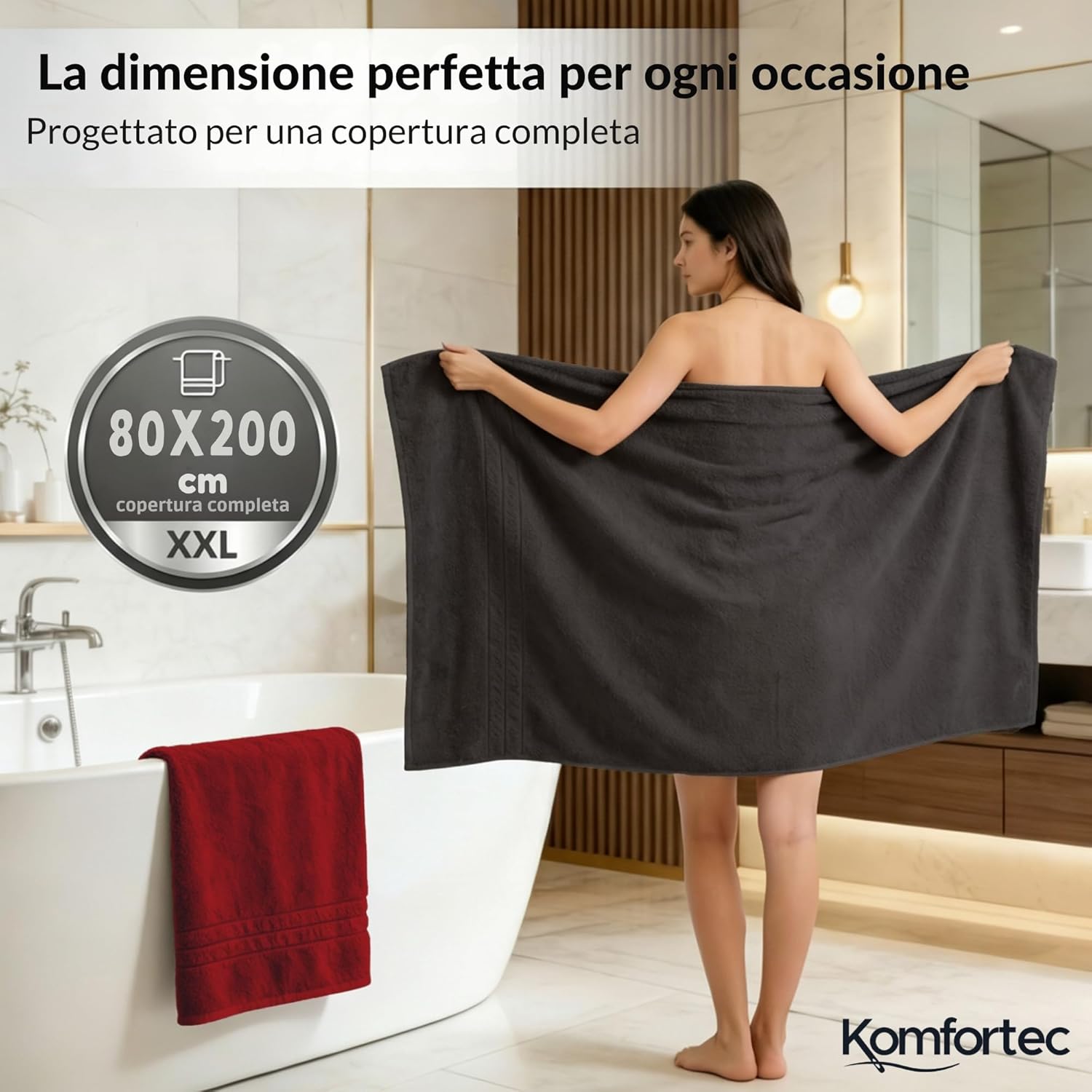 Detalle 2 de Komfortec Asciugamani da bagno Jumbo 80x200 cm neri, 100% cotone – confezione da 2 pezzi