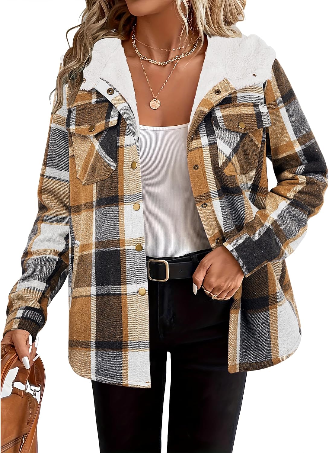 Detalle de Zeagoo Plaid Shacket Jacket hooded fleece S-2XL