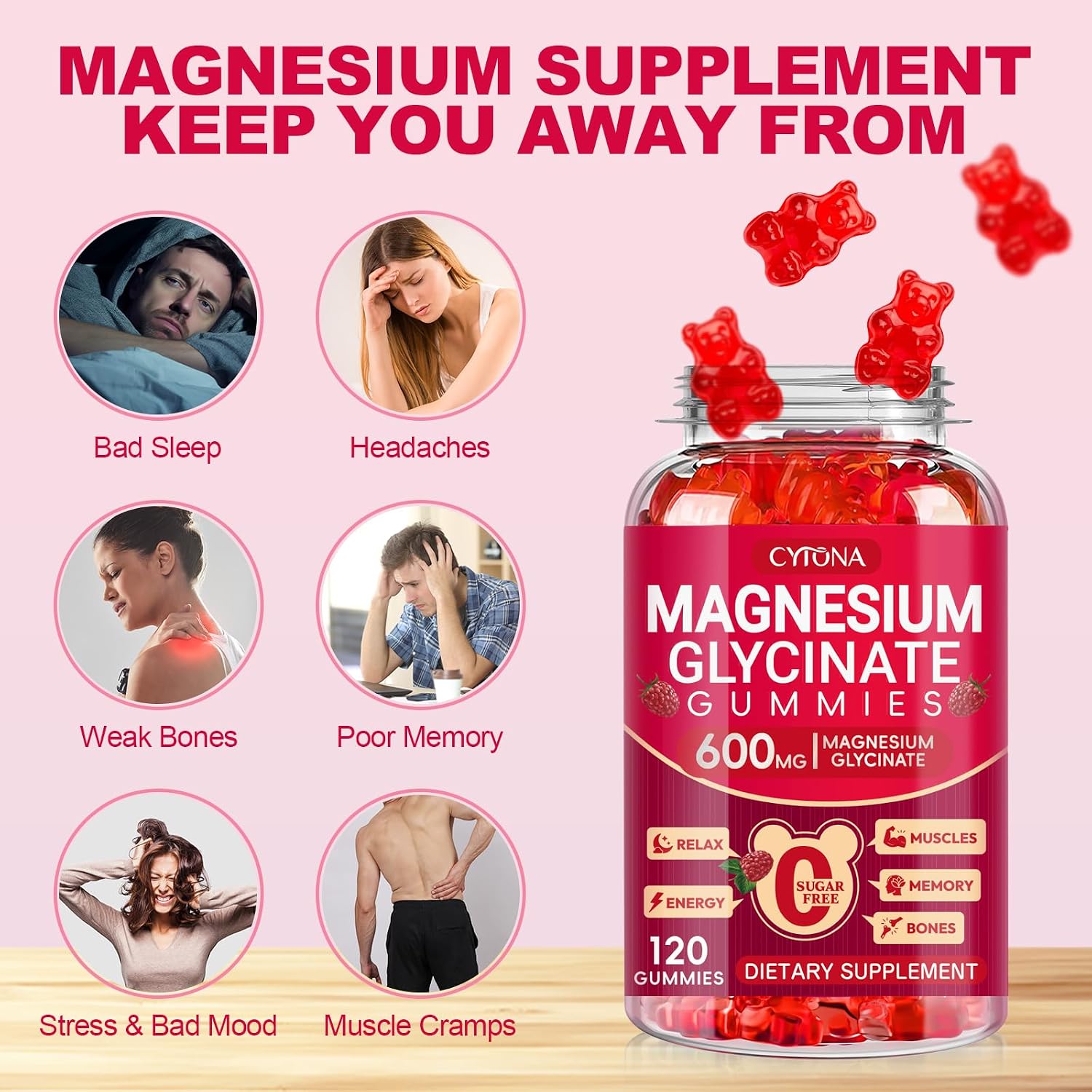 Detalle de Cytona Magnesium Glycinate Gummies, 600 mg Complex, Sugar-Free, 120 Count