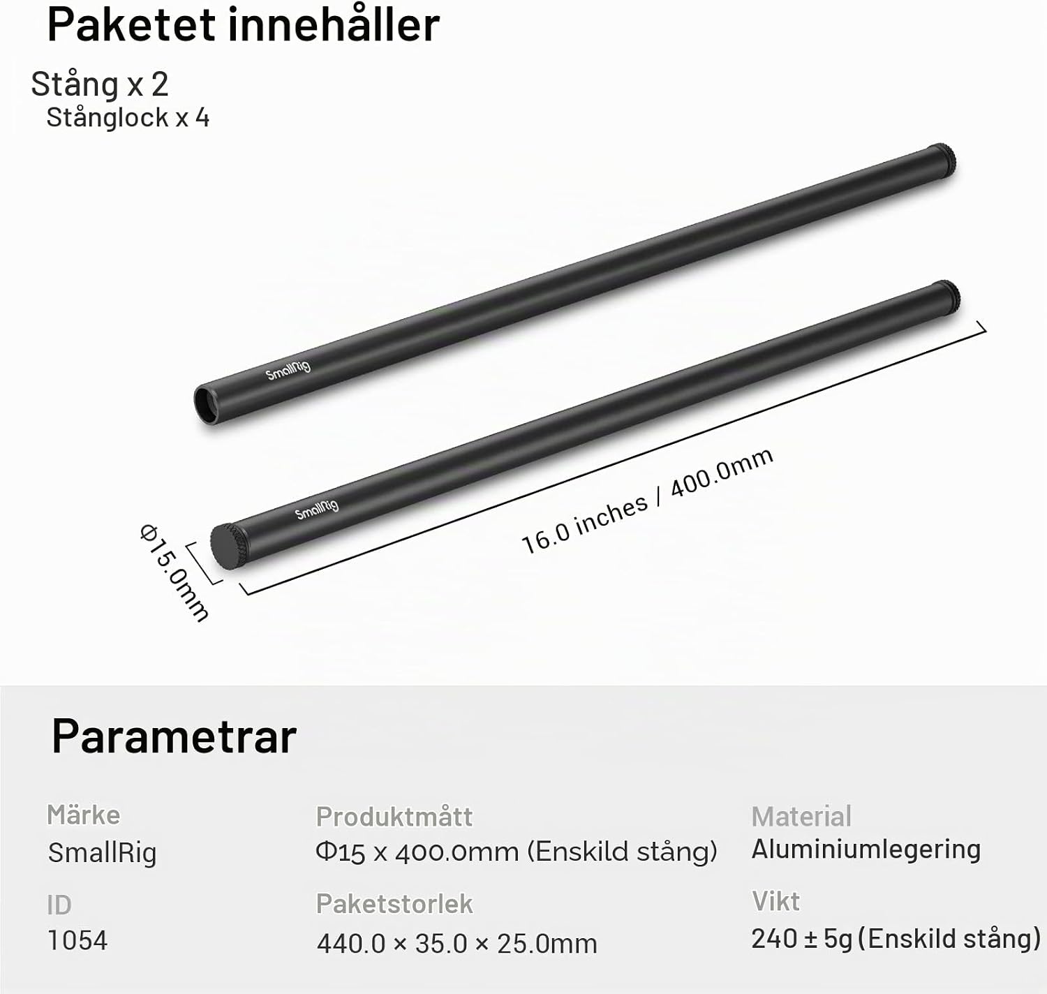 Thumbnail 6 de SMALLRIG 1054 15 mm aluminiumstänger med M12-innergänga, 40 cm, 2-pack