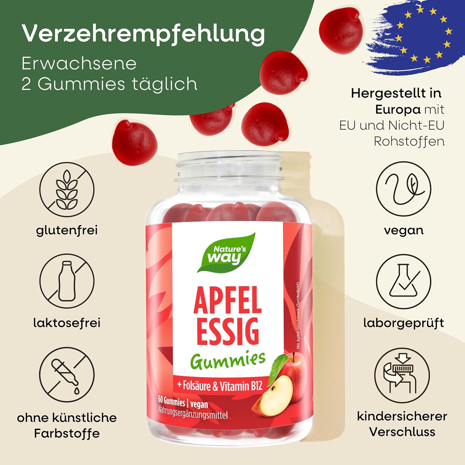 Detalle 2 de Apfelessig Gummies mit 1.000 mg Apfelessig-Komplex, Vitamin B12 & Folsäure – vegane Gummibärchen (60 Stk)
