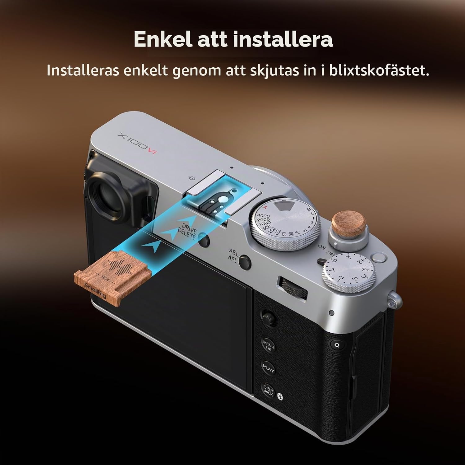 Detalle de SMALLRIG 6238 blixtskoskydd med avtryckarknapp i rosenträ