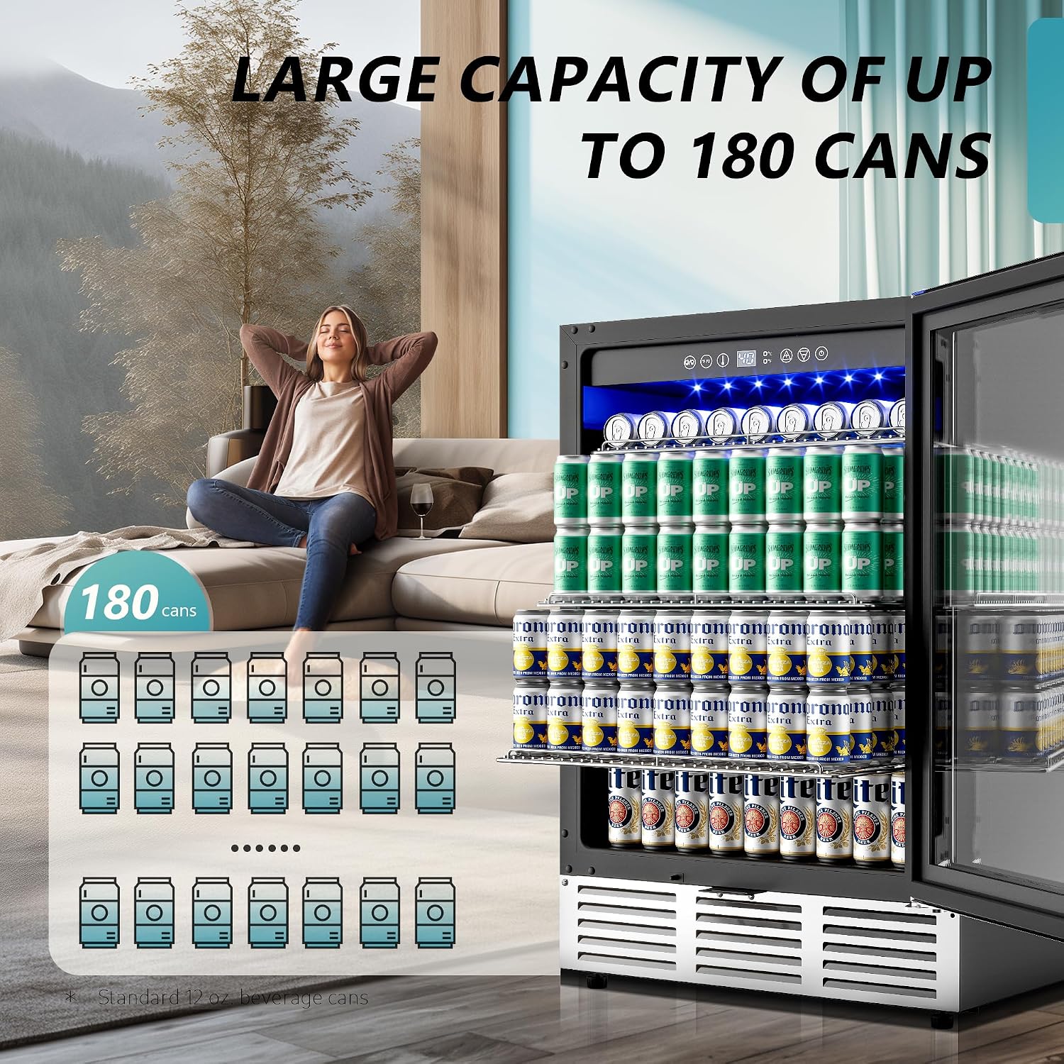 Detalle 2 de EUHOMY BRU-04 24-Inch Beverage Refrigerator, 180-Can, Built-In or Freestanding