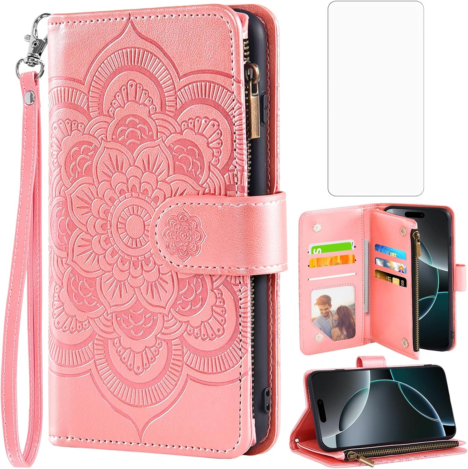 Detalle de Asuwish Wallet Case with Tempered Glass for iPhone 17 Pro (6.3") Rose Gold
