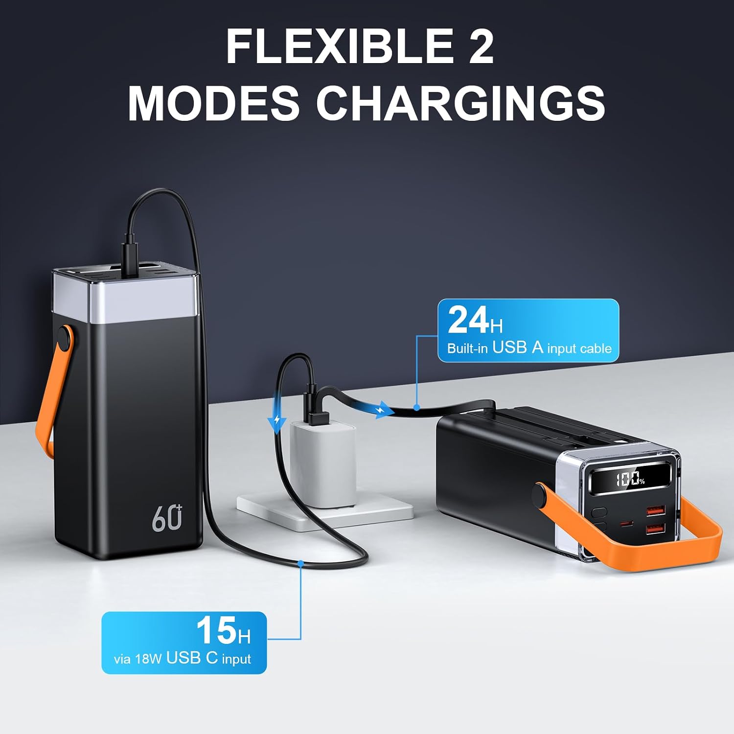 Detalle de Batterie Externe 60000mAh avec Charge RapidePD 22,5W et 3 Câbles Intégrés – Orange
