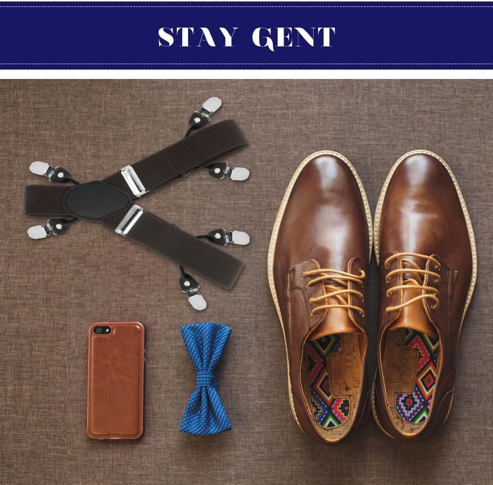 Detalle 2 de ACWOO Bretelle da uomo 6 clip, extra forti, 3,5 cm regolabili ed elastiche, marrone
