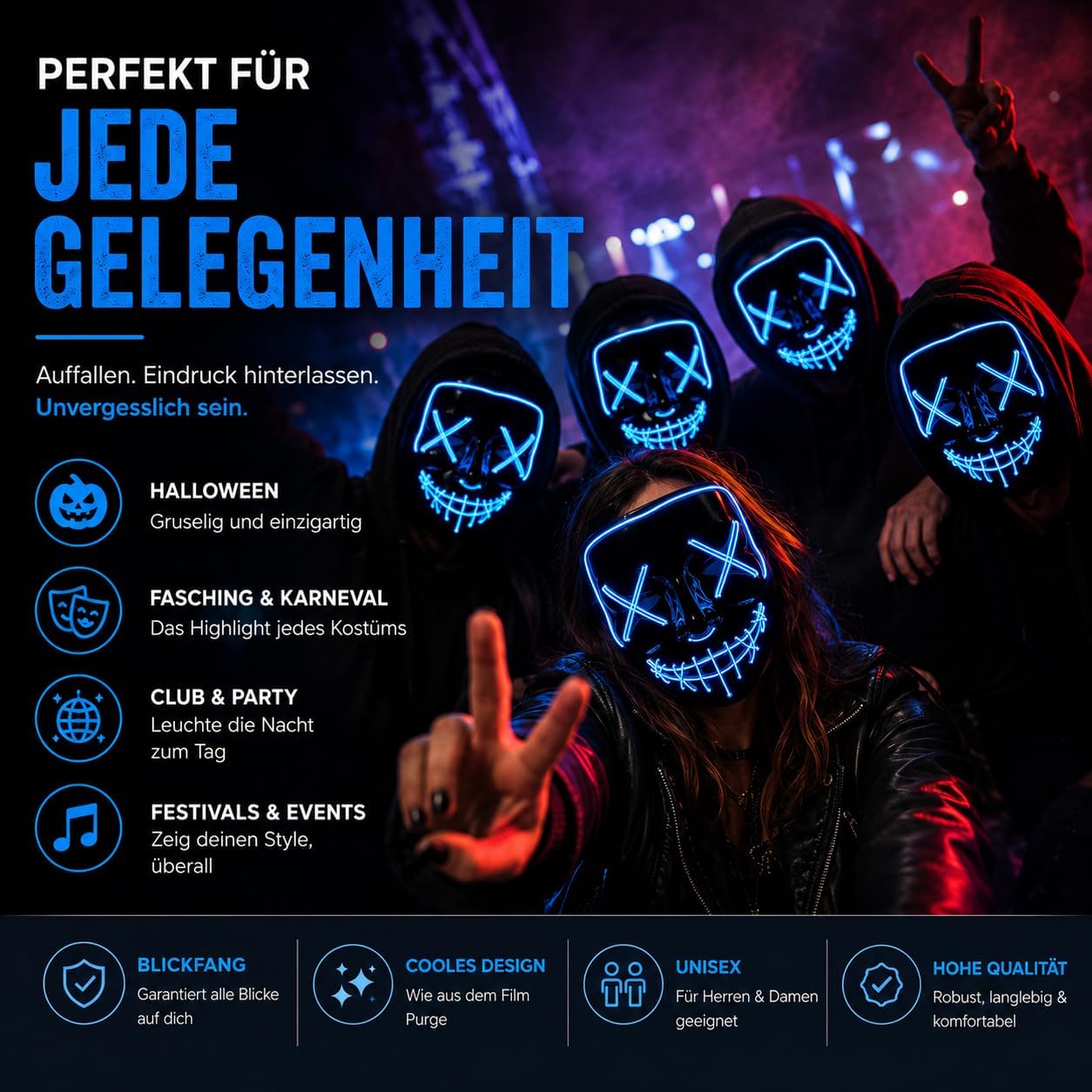 Detalle de TK Gruppe Timo Klingler Purge LED-horrormasker met 3 regelbare lichteffecten