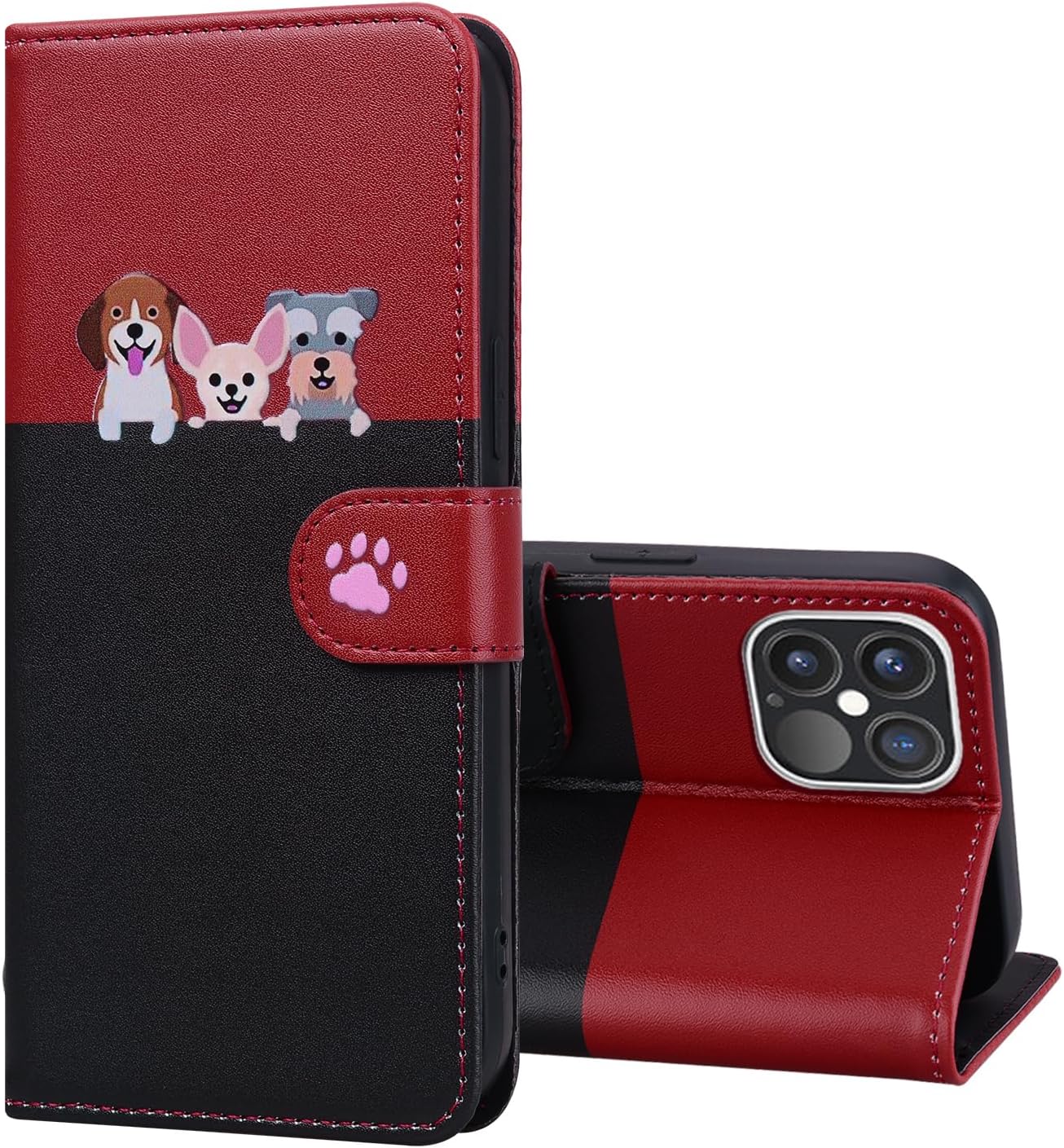 Thumbnail 5 de Tiyoo Lovely & Cute Flip Wallet Case for iPhone 12 Pro Max – Cartoon Cat & Dog Pattern (Black Red)