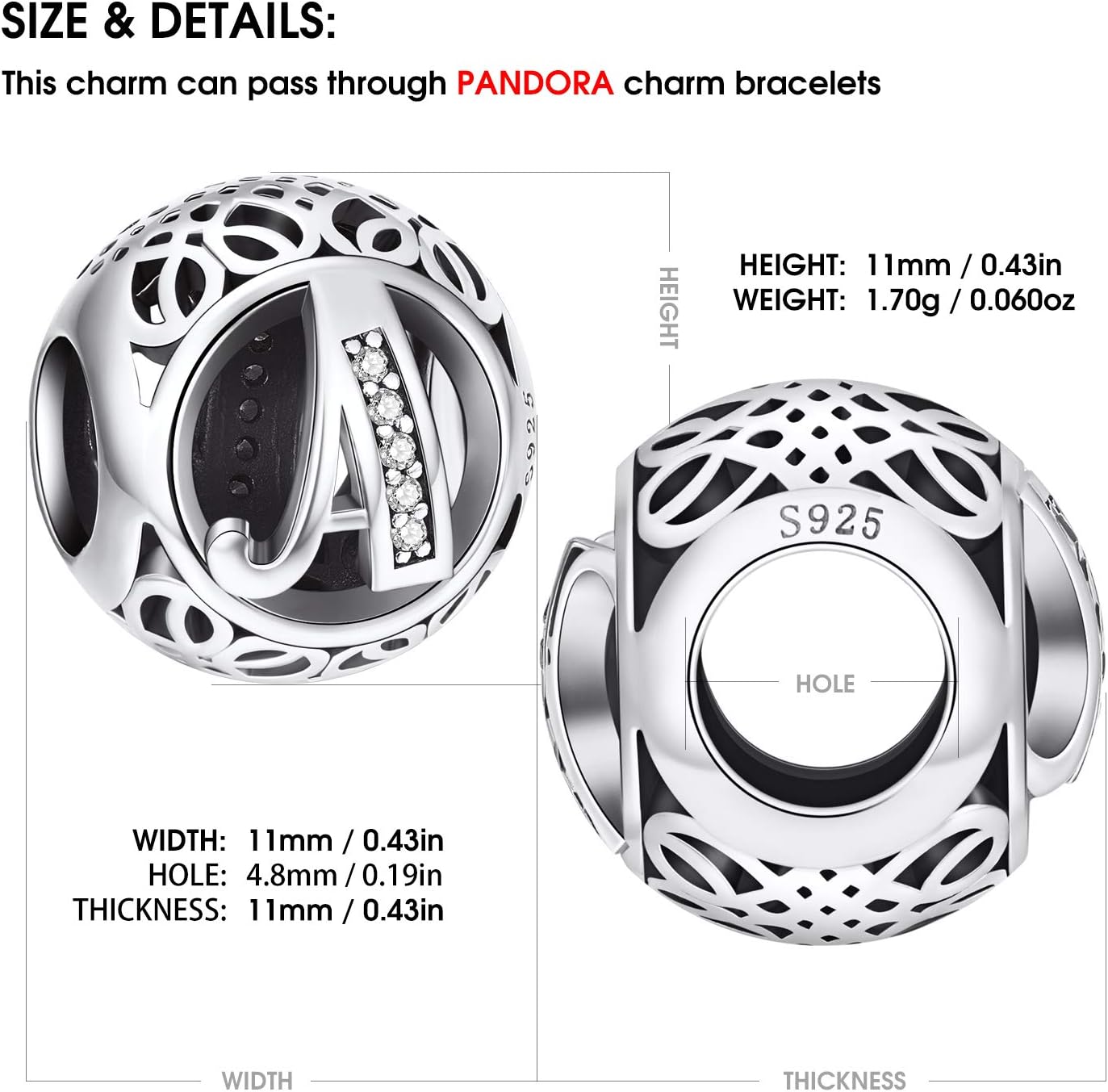 Thumbnail 4 de NINGAN 925 Charms dell'alfabeto in argento sterling A-Z — Bracciale e Collana con ciondolo, regalo elegante per la famiglia e gli amici