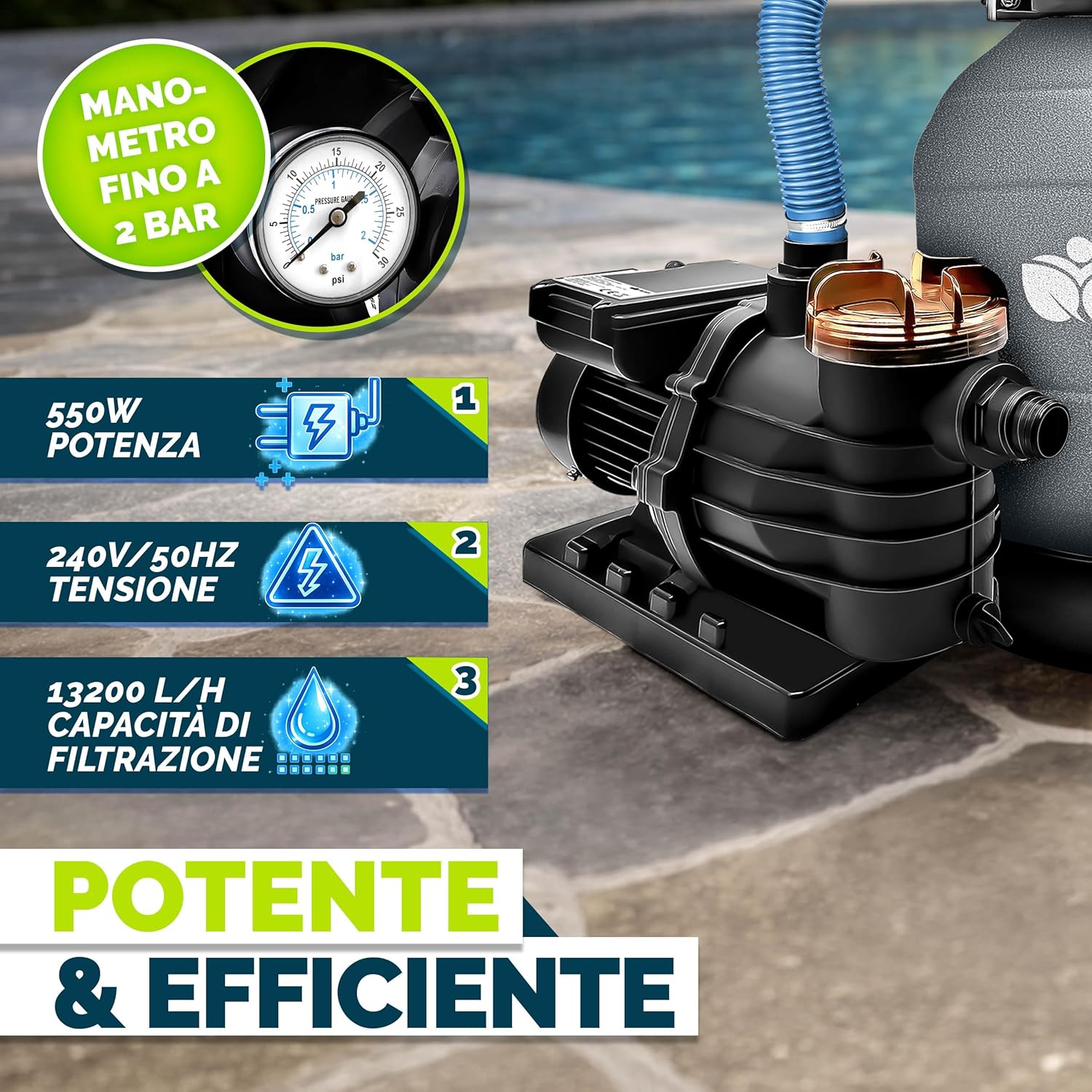 Detalle de Tillvex Impianto di filtraggio a sabbia per piscina 13.200 L/h (fino a 40.000 L) con valvola 7 vie e sfere filtranti da 1200 g