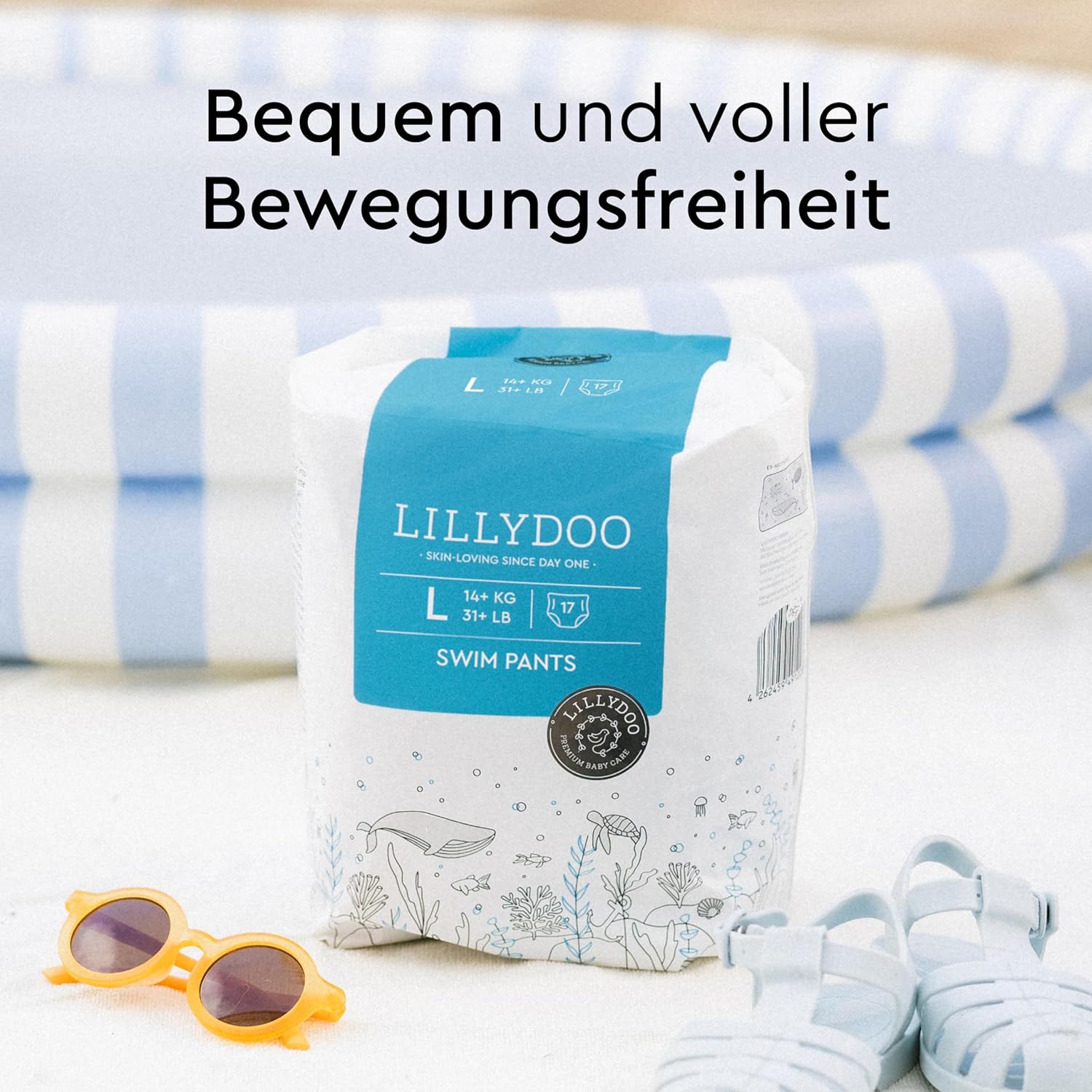 Detalle de LILLYDOO hautfreundliche Einweg-Schwimmwindeln Größe L (14+ kg), 17 Stück – Blue Whales Swim Deep