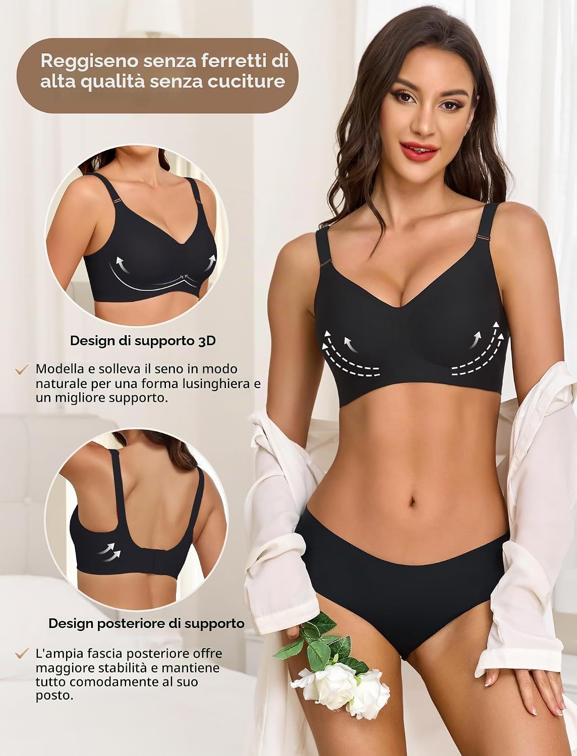 Detalle de Reggiseno Donna Senza Ferretto Push Up Imbottito Morbido Seamless Comfort Classico (Coppa Intera) con supporto forte