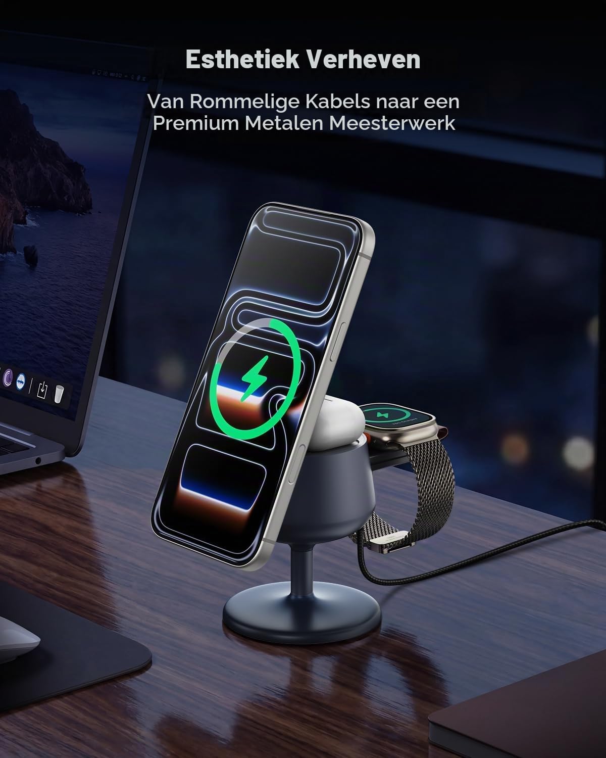 Detalle de GEEKERA 3-in-1 laadstation met Qi2.2, 25W en 45W GaN-adapter